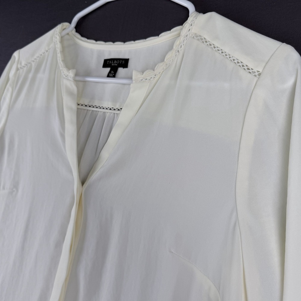 Talbots Ivory Chiffon Lace Button Blouse Sp V-Neck Petites Long Sleeve Classic